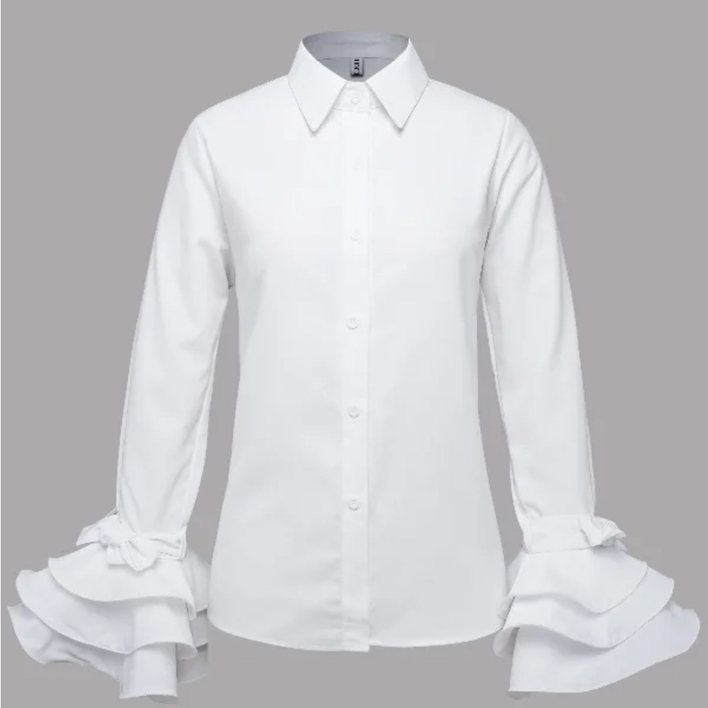 Elegant White Button Down Shirt with Ruffle Sleeves